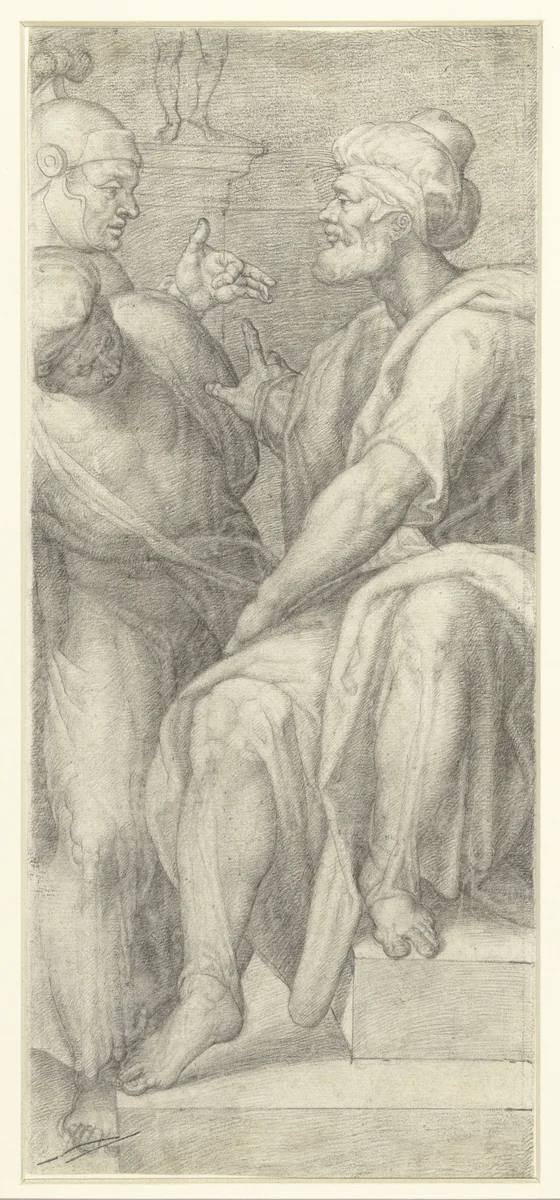 Soldaat in gesprek met een man met een tulband by anonymous, drawing, 1550-1590