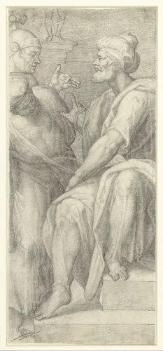 Soldaat in gesprek met een man met een tulband by anonymous, drawing, 1550-1590