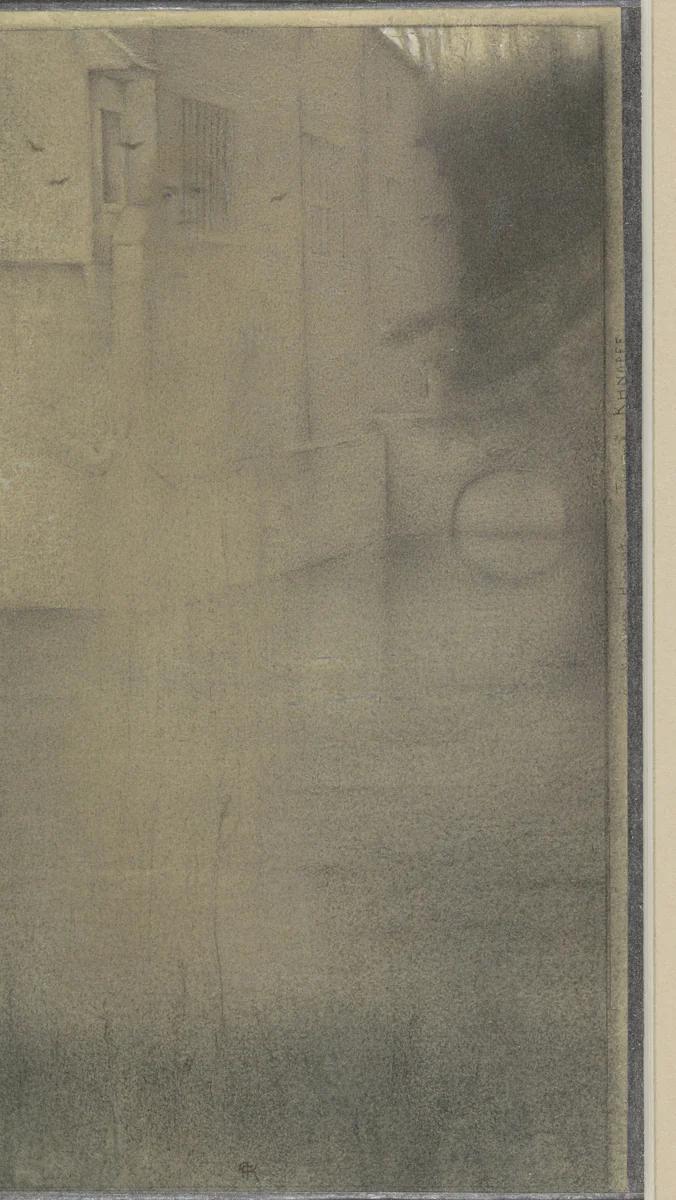 Schim van een vrouw voor een huis omringd door water by Fernand Khnopff, drawing, 1868-1921