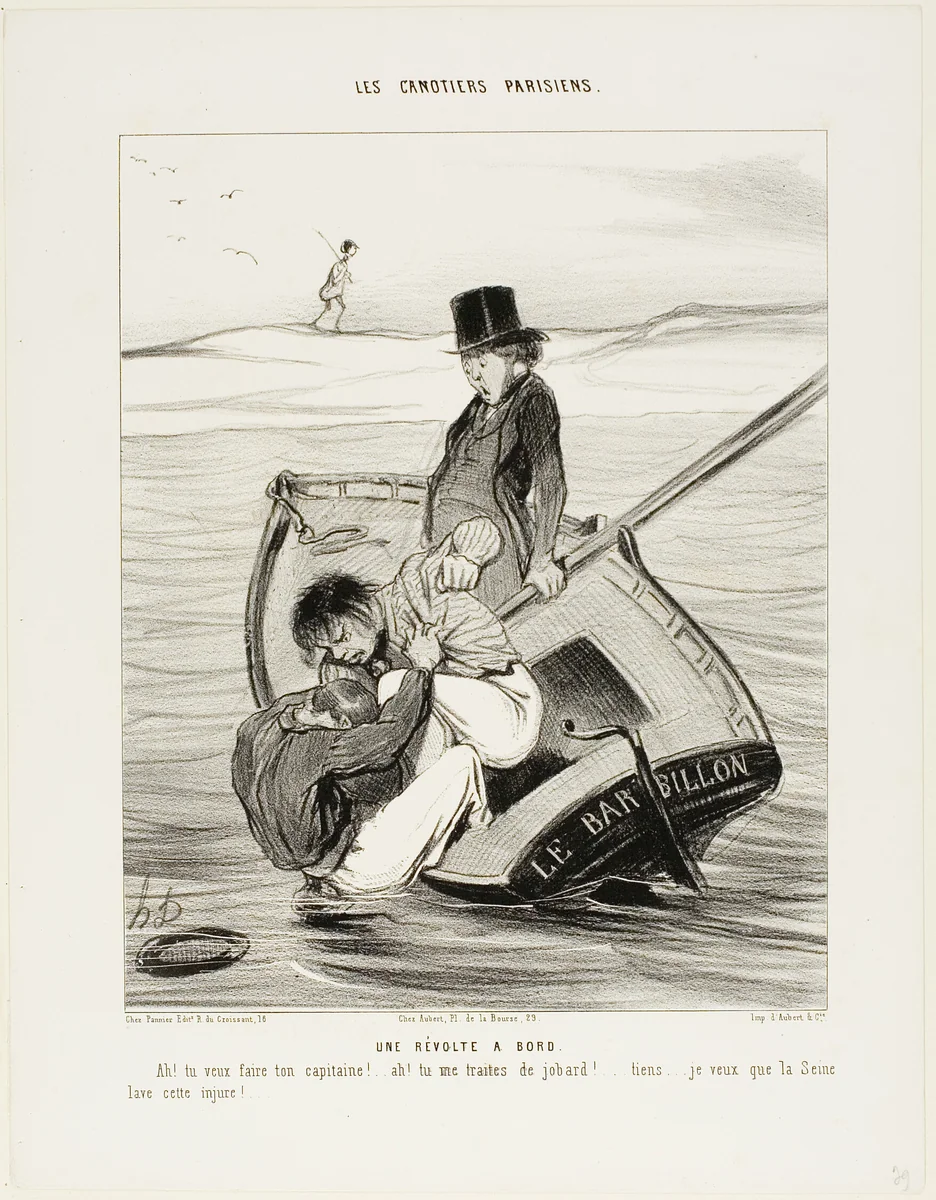 A Revolt On Board. “- Ah! you want to be your own captain!... - Ah! you are treating me like an idiot... hey... I hope the Seine washes away that insult!,” plate 13 from Les Canotiers Parisiens by Honoré-Victorin Daumier, print, 1843