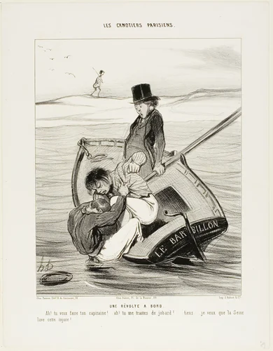 A Revolt On Board. “- Ah! you want to be your own captain!... - Ah! you are treating me like an idiot... hey... I hope the Seine washes away that insult!,” plate 13 from Les Canotiers Parisiens by Honoré-Victorin Daumier, print, 1843