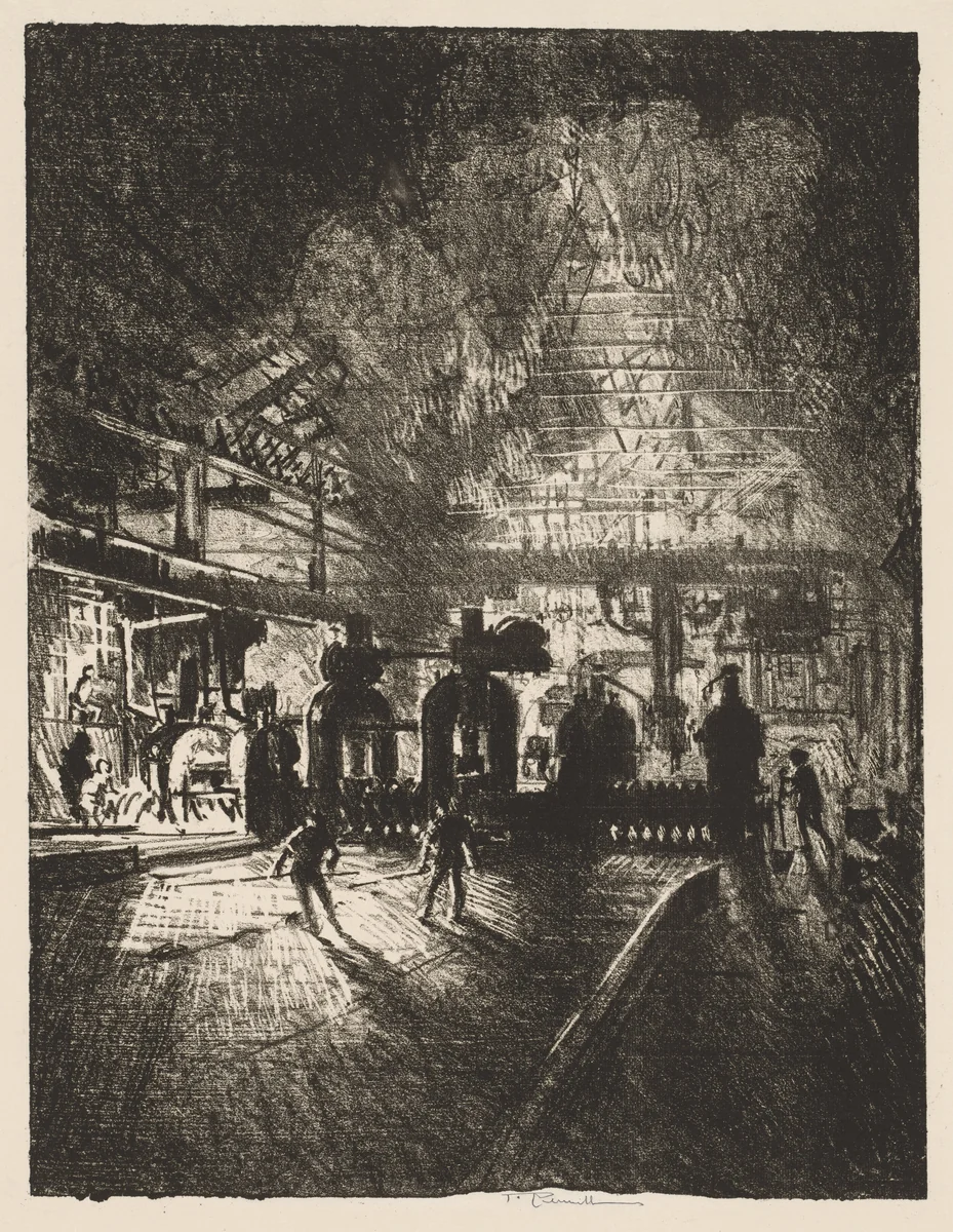 English War Work: In the Jaws of Death, Rolling Bars for Shells by Joseph Pennell, print, 1916