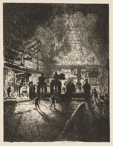 English War Work: In the Jaws of Death, Rolling Bars for Shells by Joseph Pennell, print, 1916