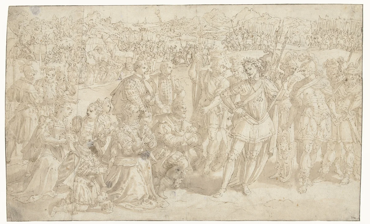 Koninklijk (?) echtpaar geknield voor een generaal by Maerten de Vos, drawing, 1542-1603