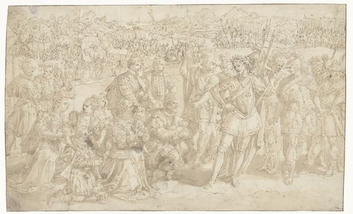Koninklijk (?) echtpaar geknield voor een generaal by Maerten de Vos, drawing, 1542-1603