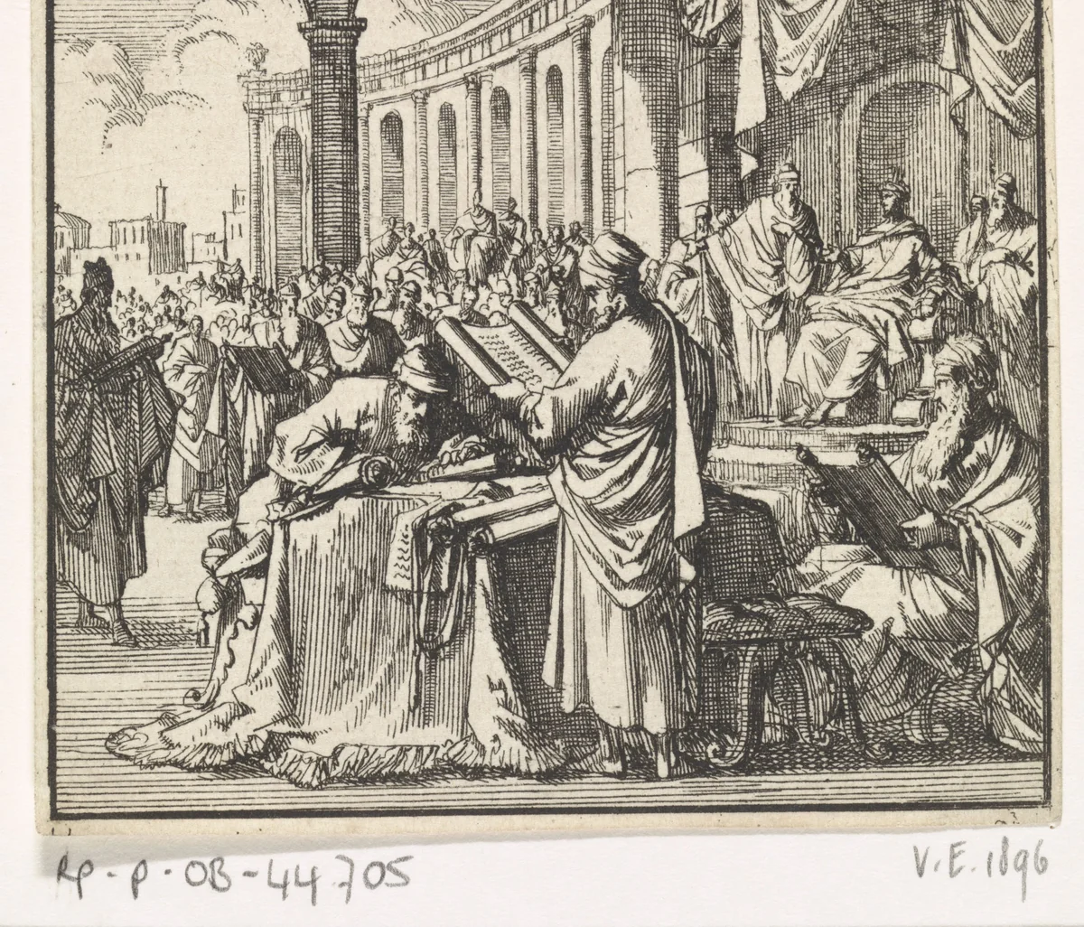 Voorlezing van de vertaling der wet aan koning Ptolomaeus Philadelphus by Jan Luyken, print, 1698