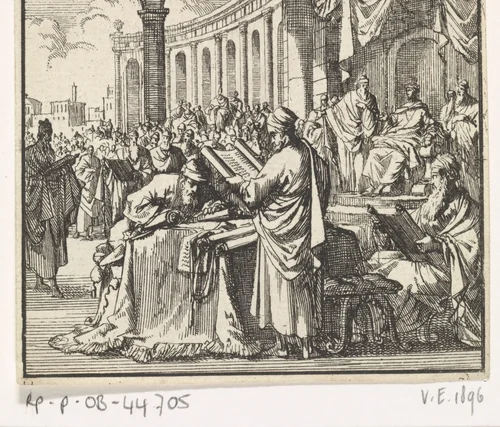 Voorlezing van de vertaling der wet aan koning Ptolomaeus Philadelphus by Jan Luyken, print, 1698