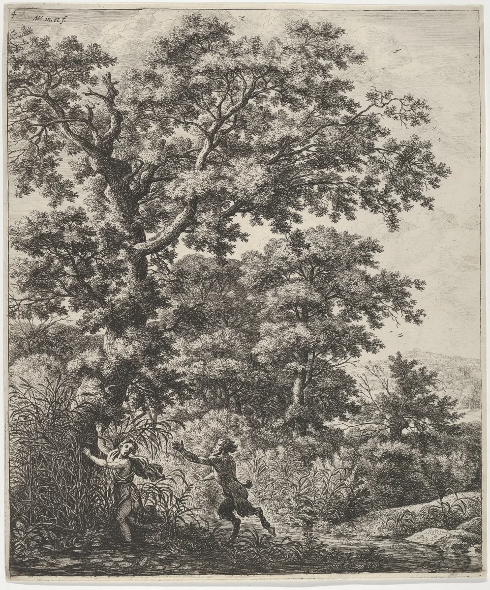 Landscape with Pan and Syrinx, from the Series of Six Mythological Scenes by Anthonie Waterloo, print, 1610-1690
