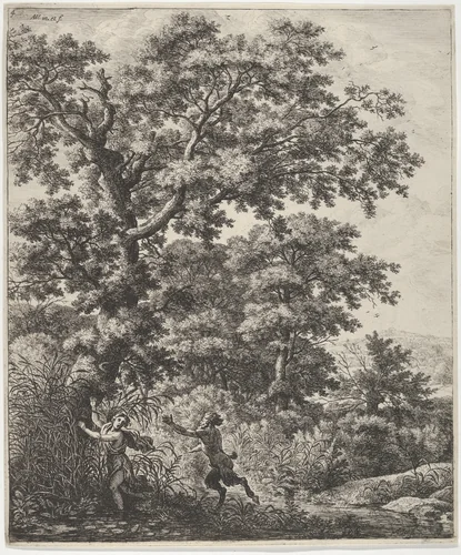 Landscape with Pan and Syrinx, from the Series of Six Mythological Scenes by Anthonie Waterloo, print, 1610-1690