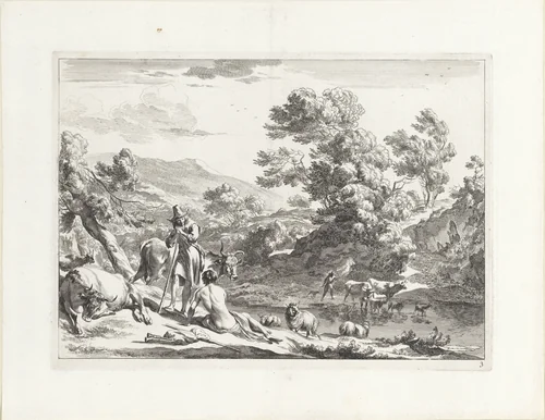 Rustende bader op een rivieroever by Jan de Visscher, print, 1670