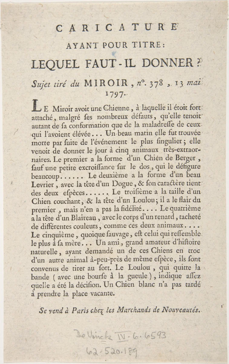 Caricature, Ayant Pour Titre: Lequel Faut-il Donner?, Sujet tiré du Miroir, no. 378, 13 Mai, 1797 by anonymous, print, 1797