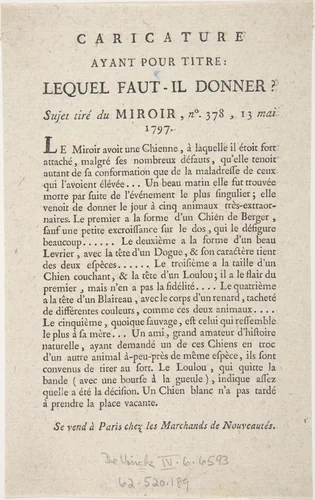 Caricature, Ayant Pour Titre: Lequel Faut-il Donner?, Sujet tiré du Miroir, no. 378, 13 Mai, 1797 by anonymous, print, 1797
