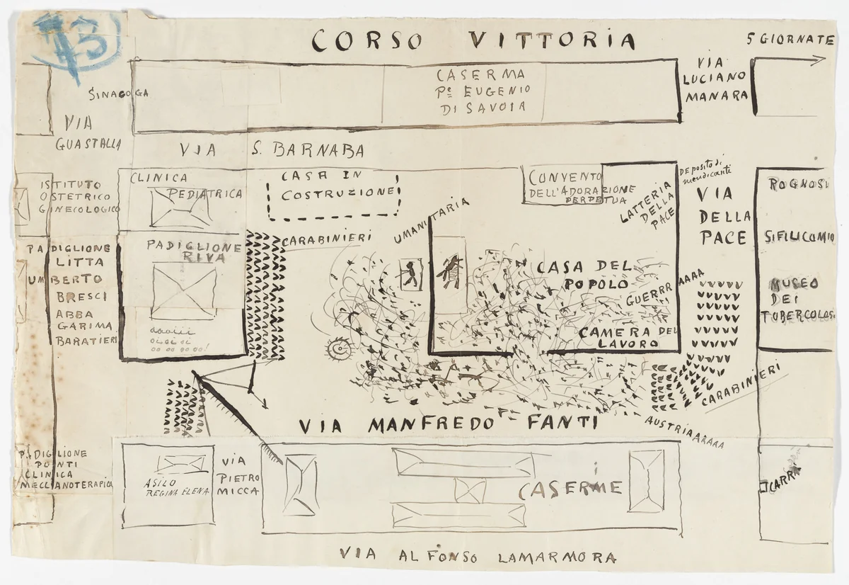 The Riot in Milan by Filippo Tommaso Marinetti, drawing, 1914