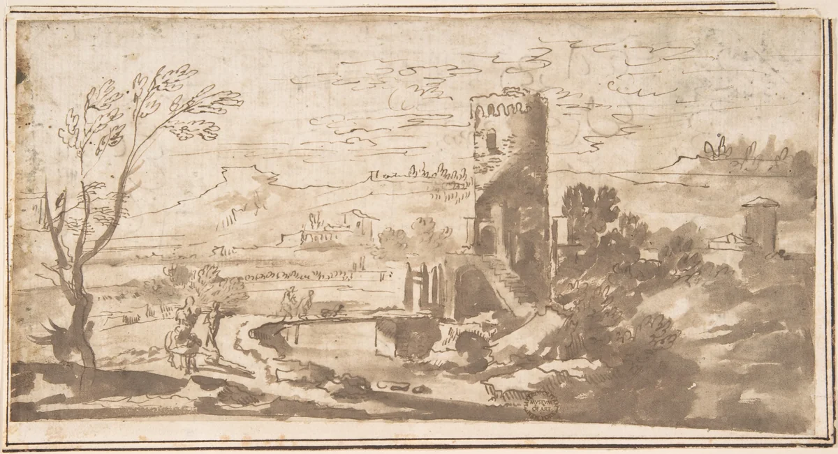 Landscape with Round Tower and Figures Crossing a Bridge by anonymous, drawing, 1600-1700