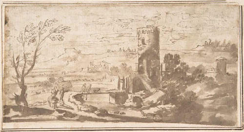 Landscape with Round Tower and Figures Crossing a Bridge by anonymous, drawing, 1600-1700