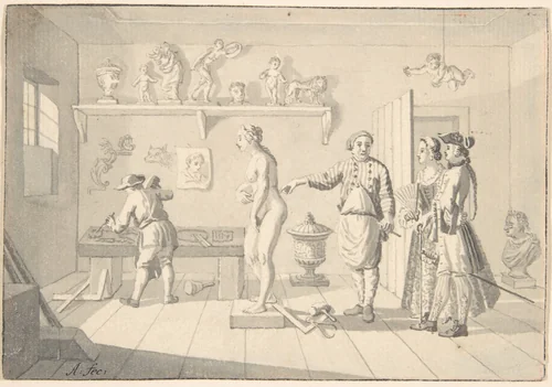 Sculptor Receiving Visitors in his Studio by Nicolaas Aartman, drawing, 1728-1793