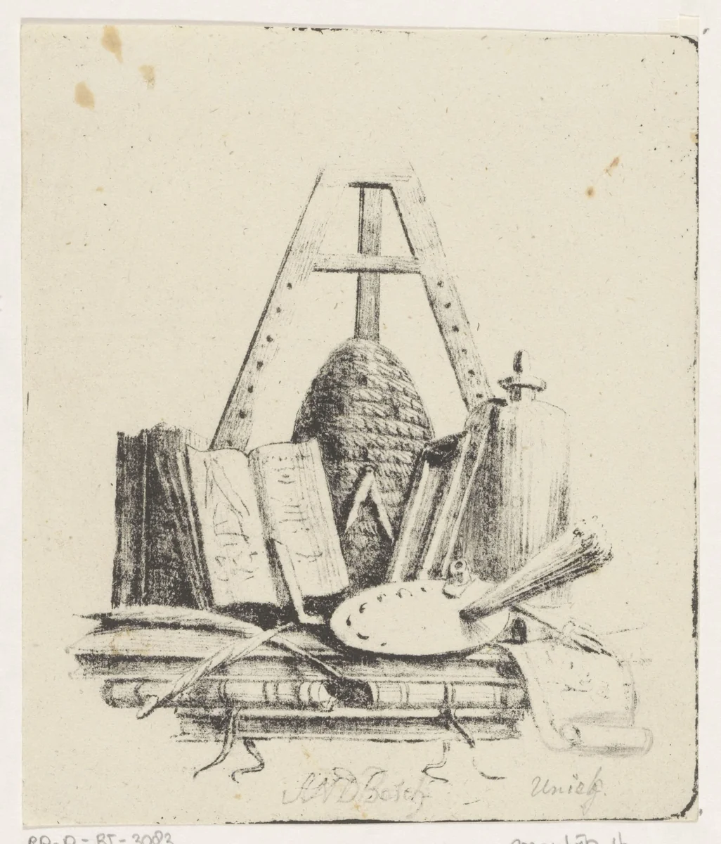 Zinnebeeldig stilleven by Anthonie van den Bos, print, 1809-1838