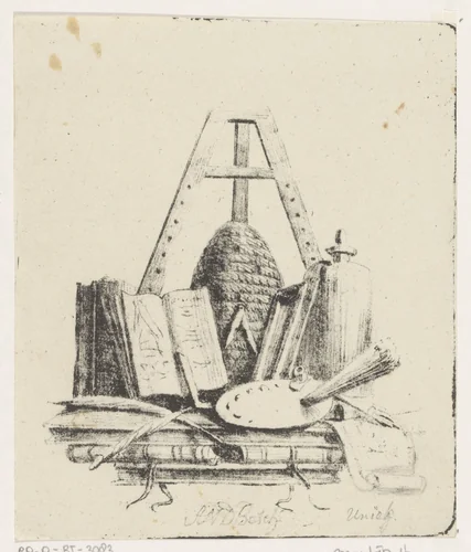 Zinnebeeldig stilleven by Anthonie van den Bos, print, 1809-1838