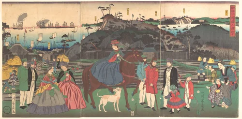Foreigners Visiting the Famous Site of Mt. Gongen in Kanagawa by Utagawa Yoshikazu, print, 1861