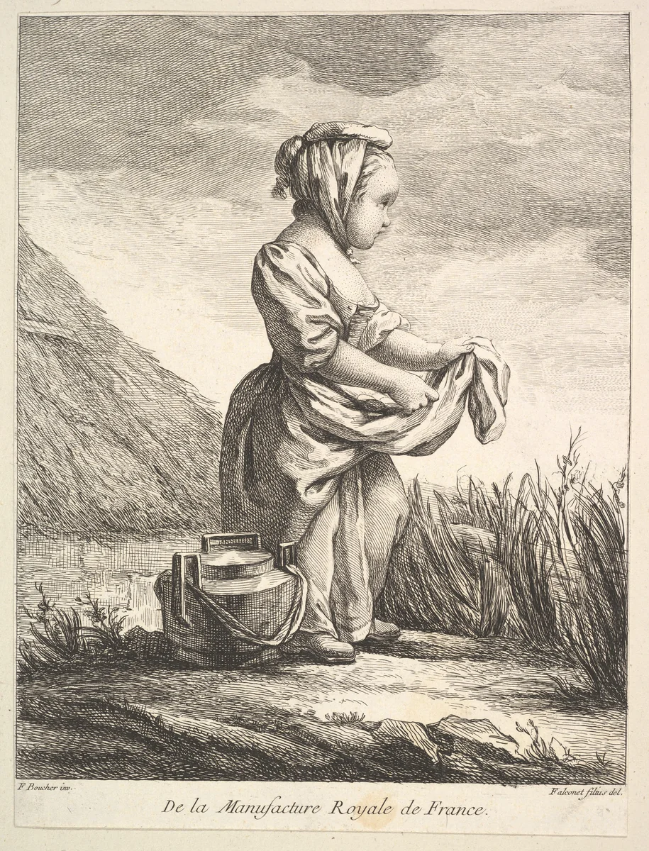 Little girl with a vessel by her feet, from Premier Livre de Figures d'après les porcelaines de la Manufacture Royale de France, inventées en 1757, par Mr. Boucher (First Book of Figures after porcelains from the Manufacture Royale de France, devised in 1757, by Mr. Boucher) by Pierre Etienne Falconet, print, 1757
