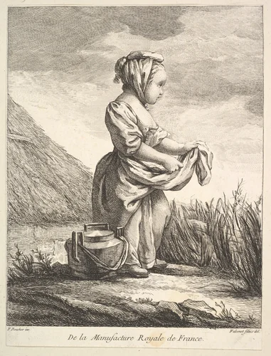 Little girl with a vessel by her feet, from Premier Livre de Figures d'après les porcelaines de la Manufacture Royale de France, inventées en 1757, par Mr. Boucher (First Book of Figures after porcelains from the Manufacture Royale de France, devised in 1757, by Mr. Boucher) by Pierre Etienne Falconet, print, 1757
