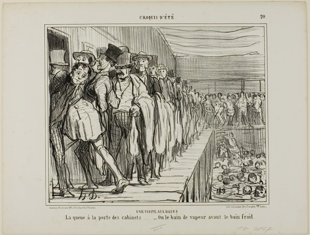 A Visit to the Baths. Queuing in front of the changing rooms - or the steam bath before the cold bath, plate 20 from Croquis D'été by Honoré-Victorin Daumier, print, 1858