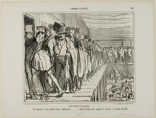 A Visit to the Baths. Queuing in front of the changing rooms - or the steam bath before the cold bath, plate 20 from Croquis D'été by Honoré-Victorin Daumier, print, 1858