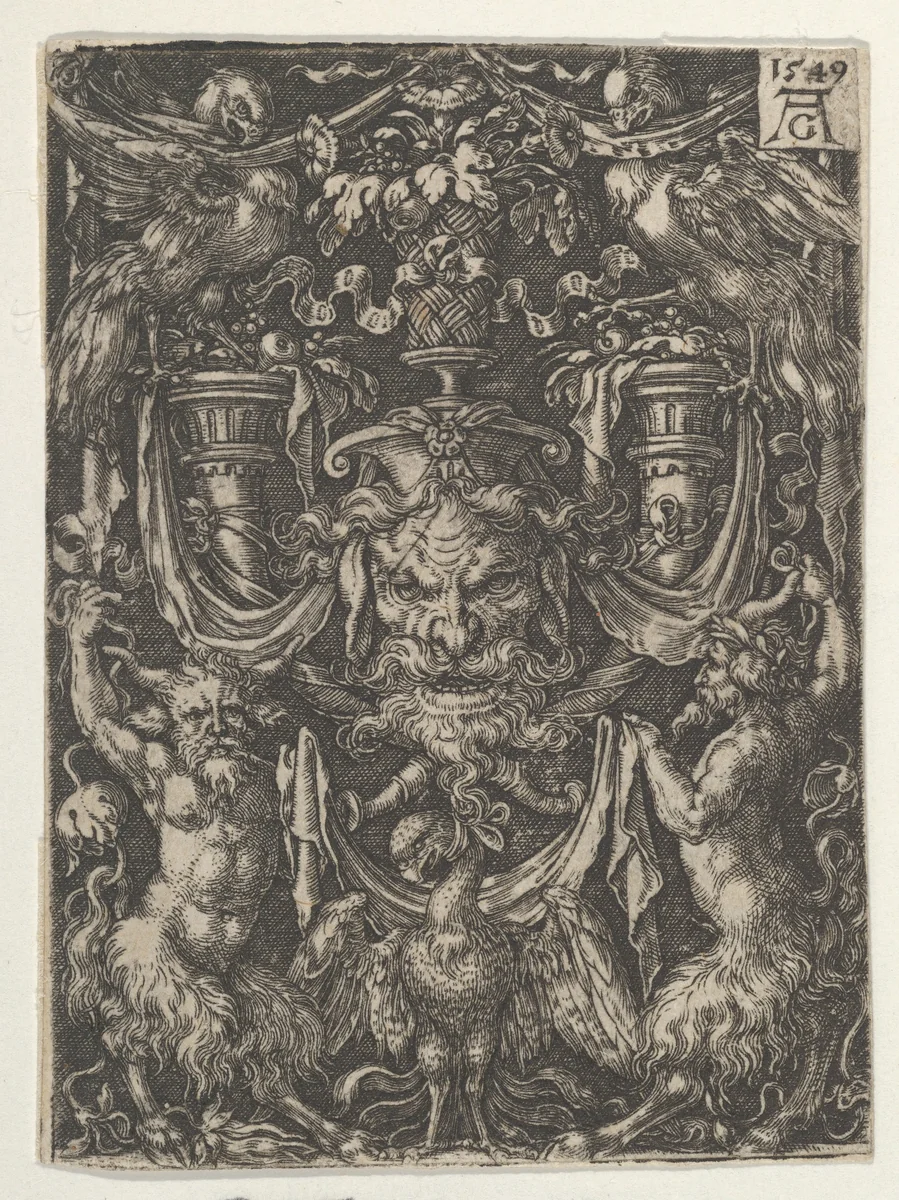 Ornamental Design with a Mask and an Eagle between Two Fauns below by Heinrich Aldegrever, print, 1549