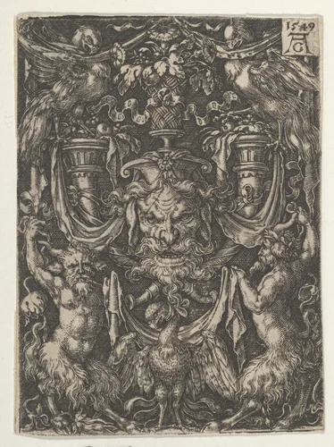 Ornamental Design with a Mask and an Eagle between Two Fauns below by Heinrich Aldegrever, print, 1549