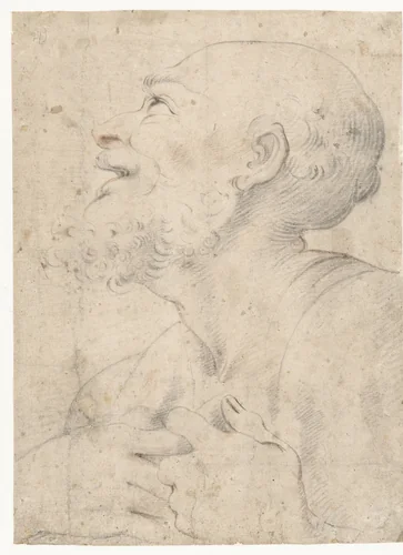 Borstbeeld van een lachende oude man, in profiel naar links by Unknown, drawing, 1583-1625