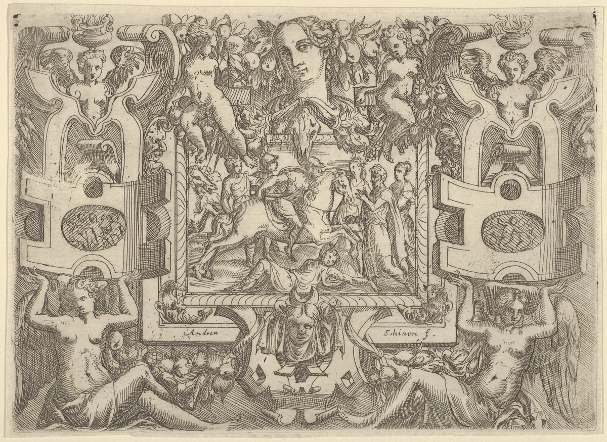 Figure on horseback holding a sword and riding over a figure lying on the ground, set within an elaborate frame by Battista Angolo del Moro, print, 1535-1580