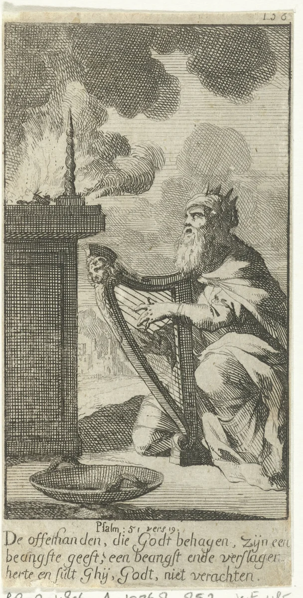 David knielt met zijn harp voor een altaar by Jan Luyken, print, 1691