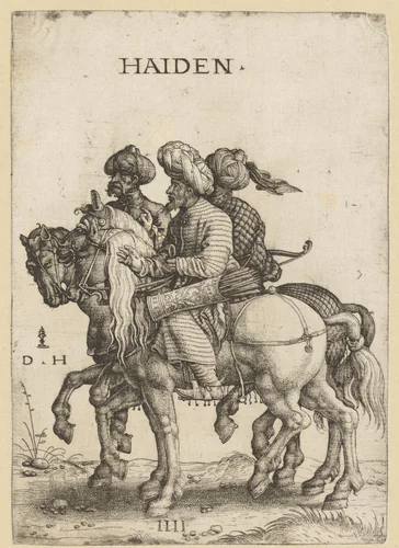 Drie mannen te paard by Unknown, print, 1530