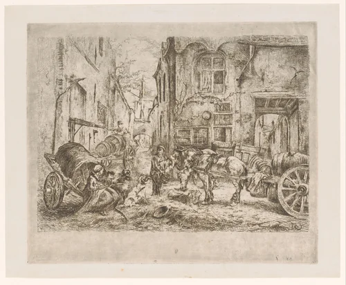 Stadsgezicht met figuren en wagens op een kruispunt by Jan Stobbaerts, print, 1861