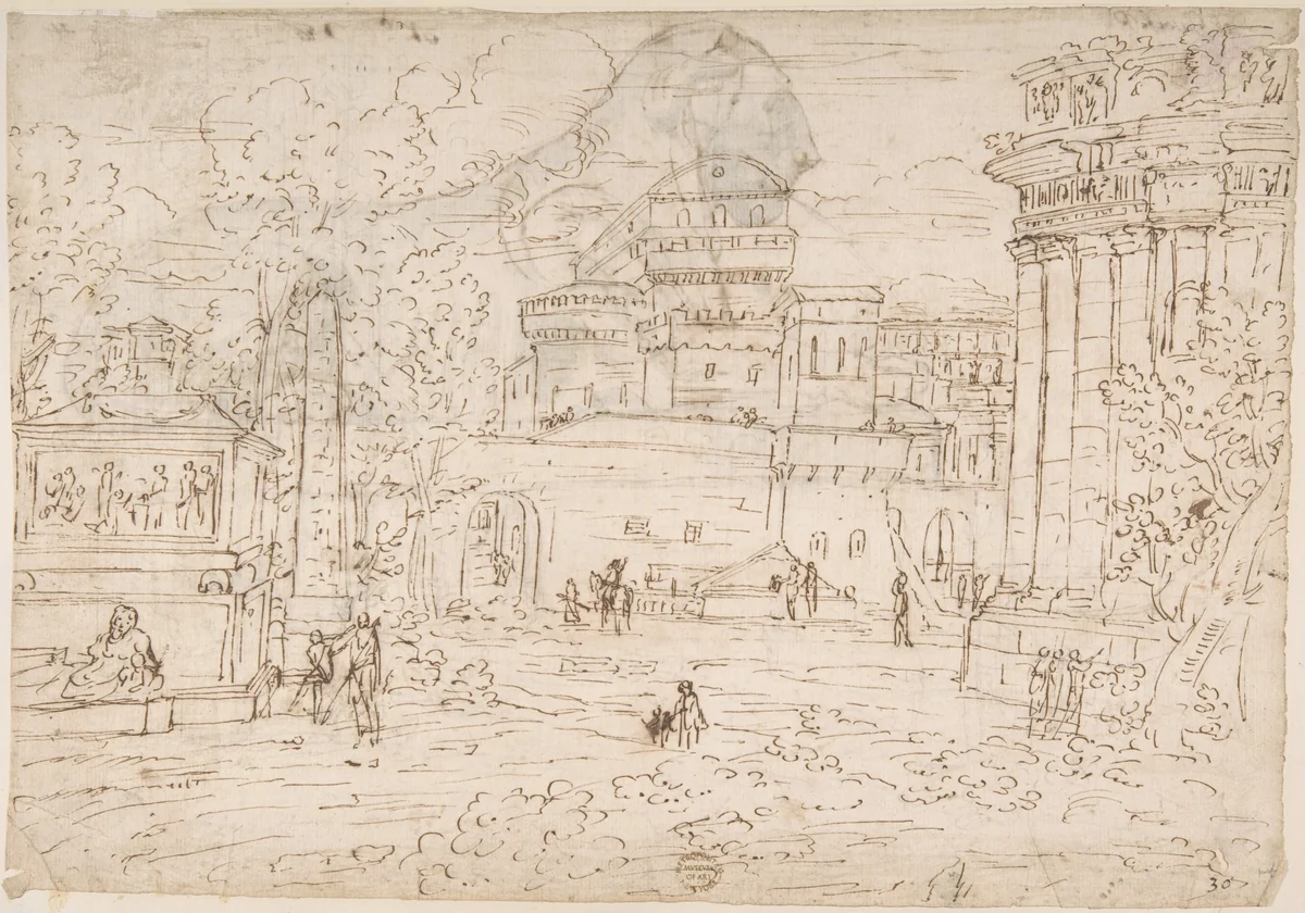 Fantasy based on Vatican: Sistine Chapel, Loggia (identification by James S. Ackerman) (recto); A Lion (verso) by anonymous, drawing, 1600-1700