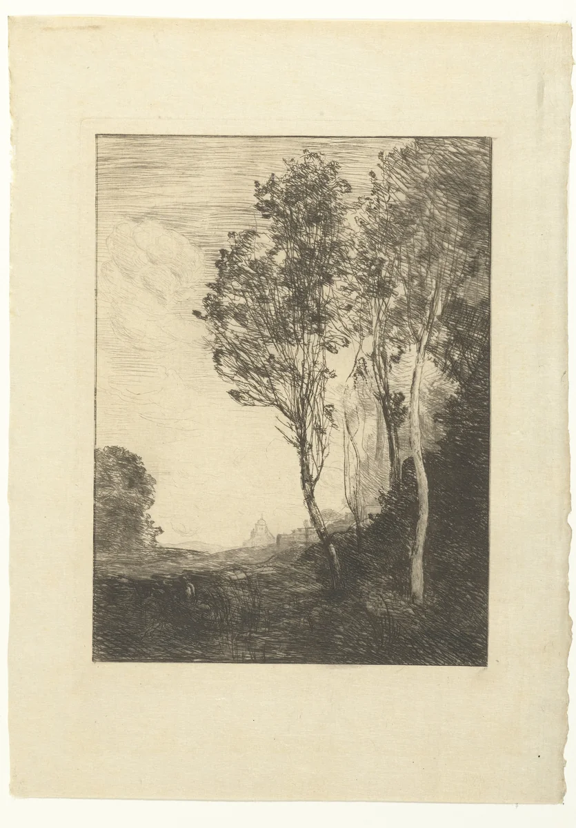 Italiaans landschap met bomen en kerk by Camille Corot, print, 1865-1866