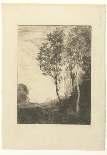 Italiaans landschap met bomen en kerk by Camille Corot, print, 1865-1866