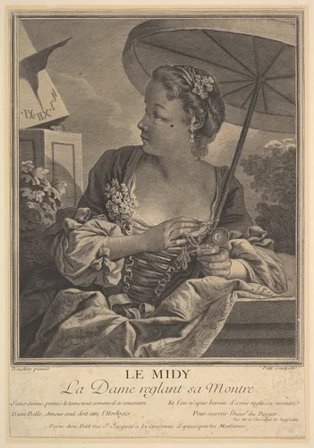 Midday. A Lady Setting Her Watch by Gilles Edme Petit, print, 1694-1760