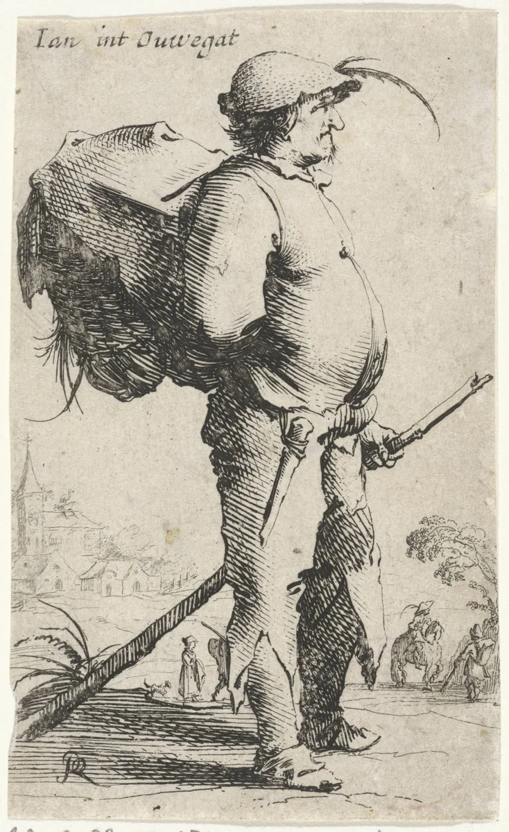Man met rugzak en stok, gezien en profil by Salomon Savery, print, 1630-1665