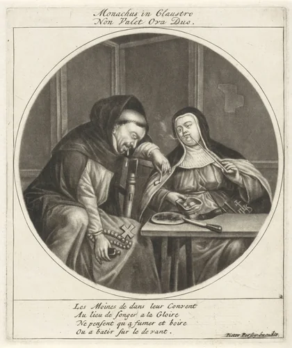 Dronken monnik en rokende non by Cornelis Dusart, print, 1670-1704
