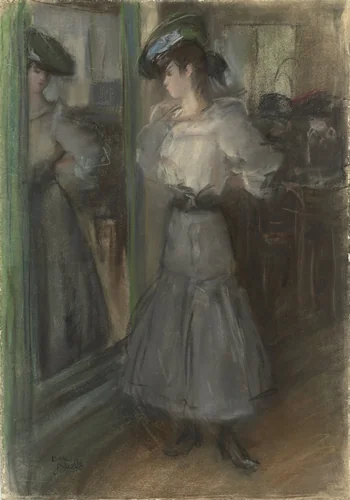 Meisje voor een spiegel by Isaac Israels, drawing, 1875-1922
