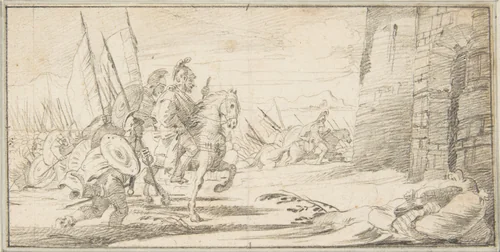 Illustration for a Book: Troops Advancing toward a City Gate by Giovanni Battista Tiepolo, drawing, 1696-1770