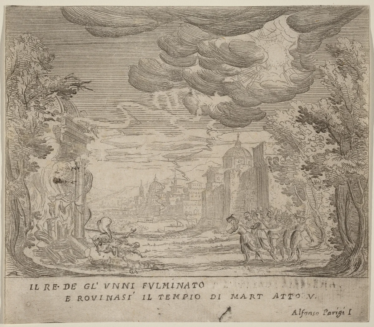 The Striking of the King of the Huns and the Collapse of the Rule of Mart by Alfonso Parigi II, print, 1606-1656