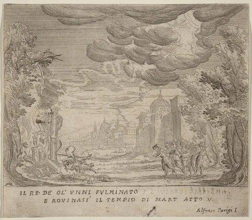 The Striking of the King of the Huns and the Collapse of the Rule of Mart by Alfonso Parigi II, print, 1606-1656