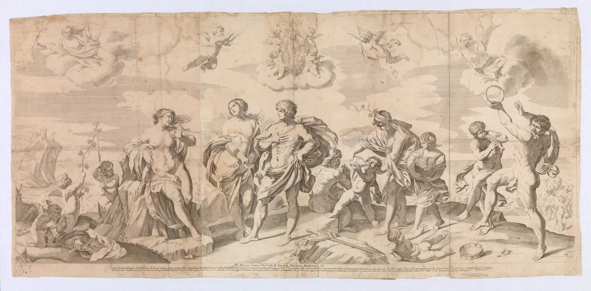 Bacchus with his companions discovering Ariadne on the island of Naxos, after Reni by Gian Battista Bolognini, print, 1650-1680