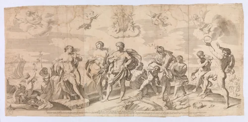 Bacchus with his companions discovering Ariadne on the island of Naxos, after Reni by Gian Battista Bolognini, print, 1650-1680