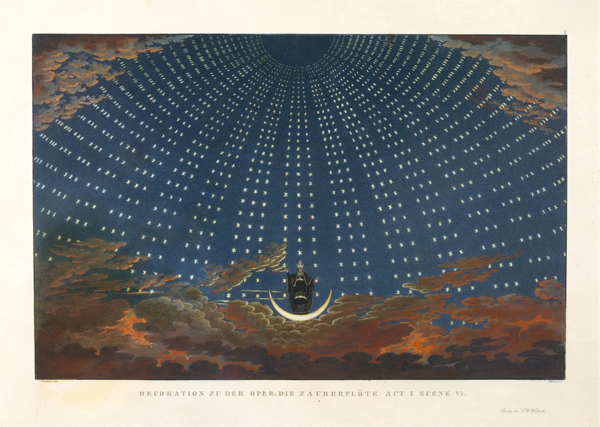 Design for The Magic Flute: The Hall of Stars in the Palace of the Queen of the Night, Act 1, Scene 6 by Karl Friedrich Schinkel, print, 1847-1849