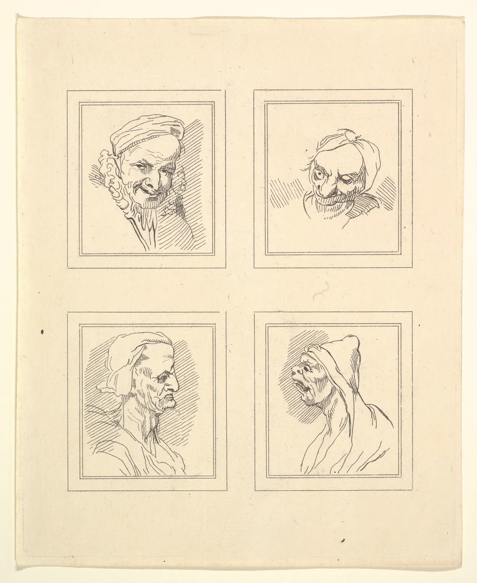 Four Heads (from Characaturas by Leonardo da Vinci, from Drawings by Wincelslaus Hollar, out of the Portland Museum) by Wenceslaus Hollar, print, 1786
