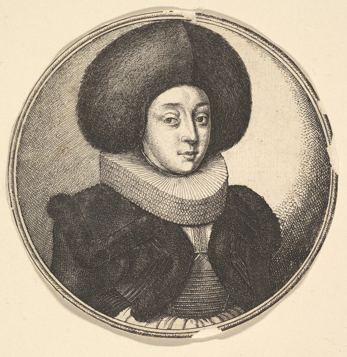 Woman with large circular fur hat and lace ruff by Wenceslaus Hollar, print, 1645