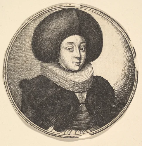Woman with large circular fur hat and lace ruff by Wenceslaus Hollar, print, 1645